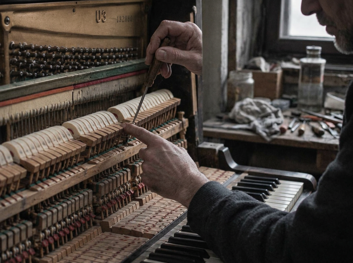 A technician’s hands adjusting the hammer action of an upright piano