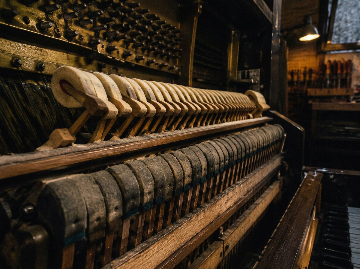 Felt hammers and strings inside an upright piano’s action