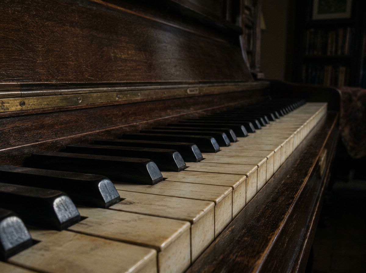 Close view of an upright piano’s keys
