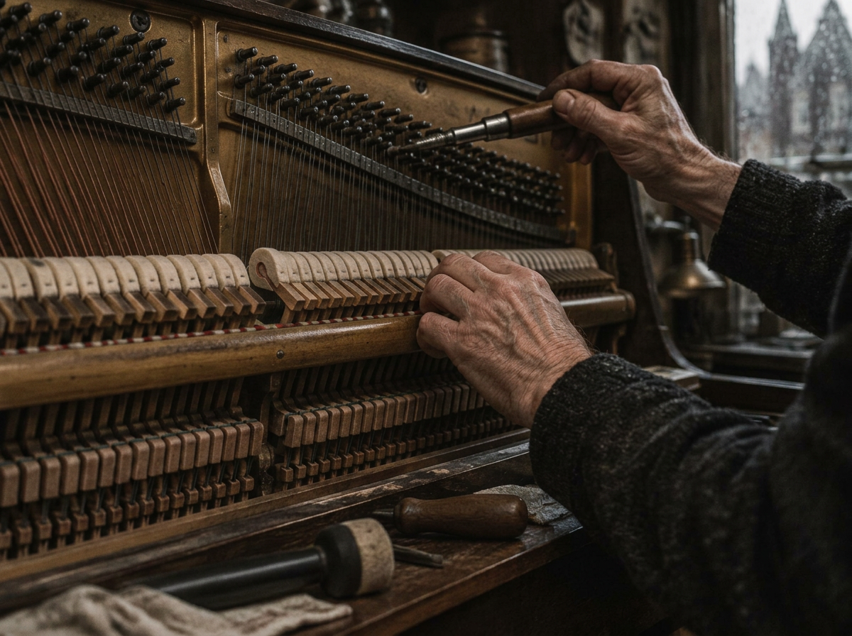 A tuner’s hands inside an upright piano