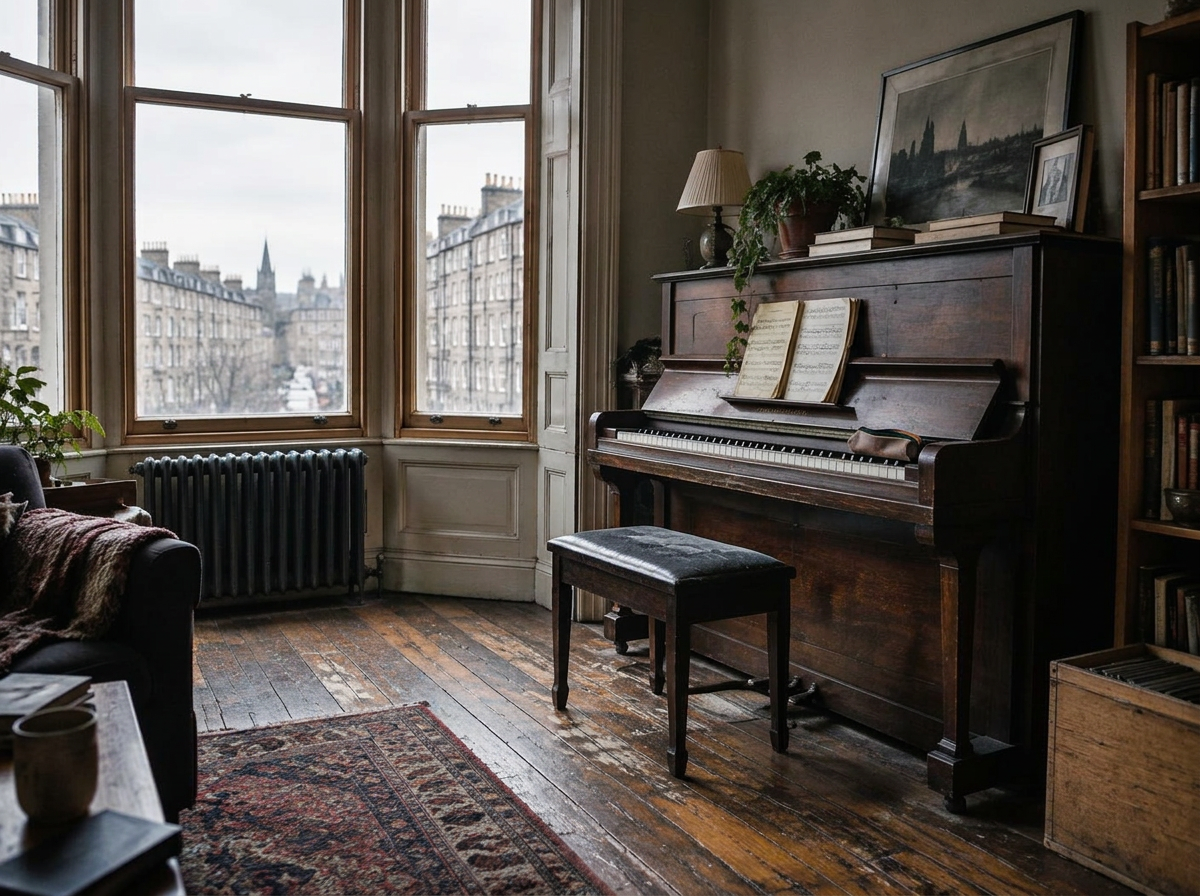 An upright piano in an Edinburgh tenement sitting room